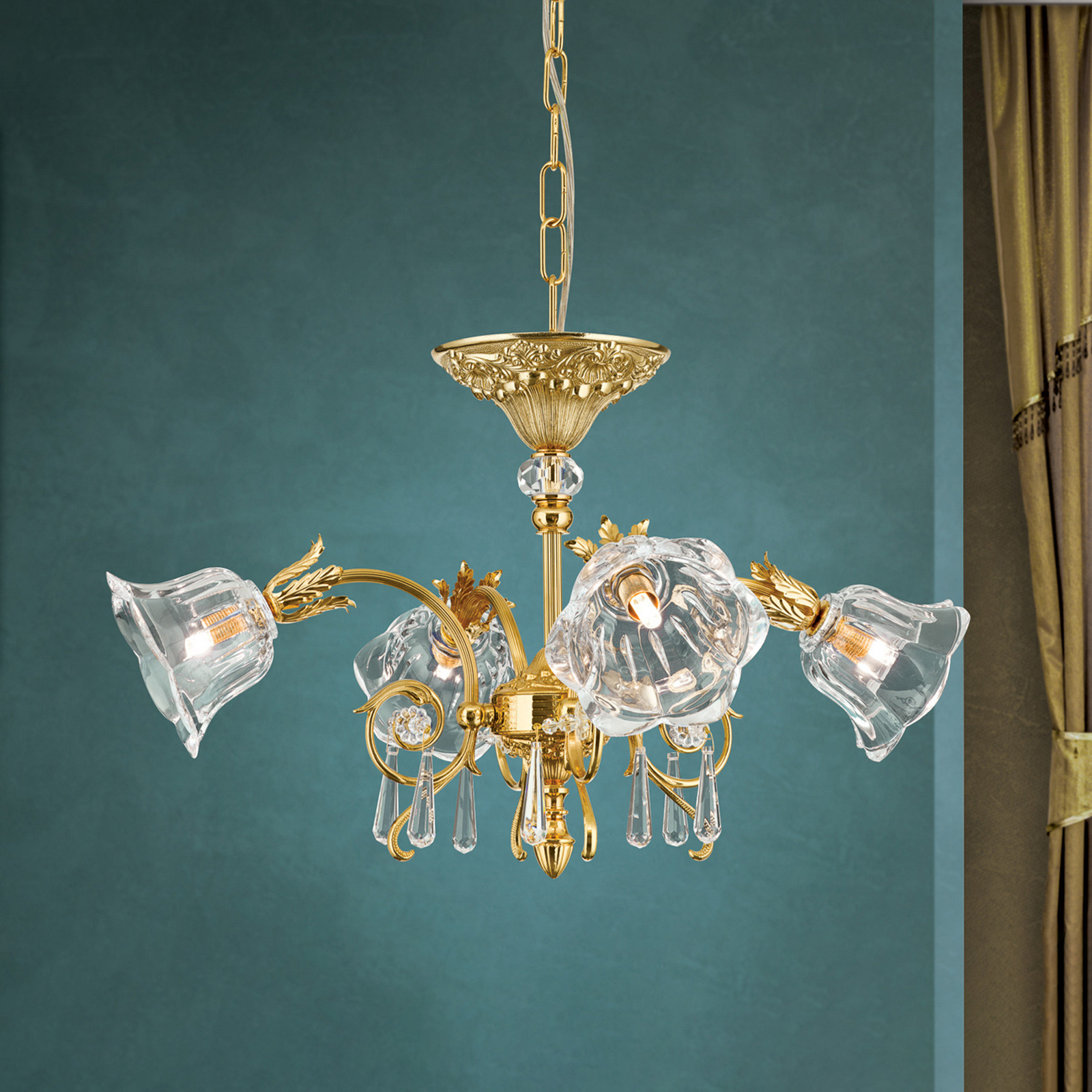 Hanglamp La Boheme, goud, 4-lamps, kristalglas
